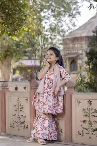 Cutiediva Girls festive printed aliya-cut kurta & sharara with dupatta in peach ( Pack of 3, Stitched Dress for gils )