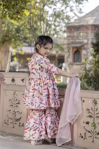 Cutiediva Girls festive printed aliya-cut kurta & sharara with dupatta in peach ( Pack of 3, Stitched Dress for gils )