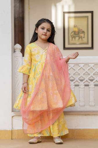 Cutiediva Girls printed angrakha kurta & sharara with dupatta in yellow ( Haldi ceremony , Festival, School Functions )