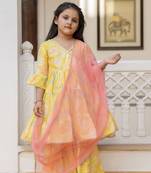 Cutiediva Girls printed angrakha kurta & sharara with dupatta in yellow ( Haldi ceremony , Festival, School Functions )