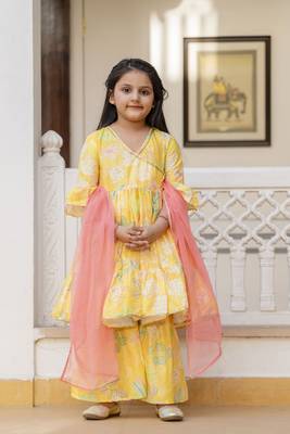 Cutiediva Girls printed angrakha kurta & sharara with dupatta in yellow ( Haldi ceremony , Festival, School Functions ) 2