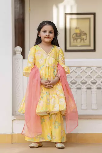 Cutiediva Girls printed angrakha kurta & sharara with dupatta in yellow ( Haldi ceremony , Festival, School Functions )