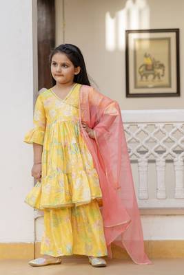 Cutiediva Girls printed angrakha kurta & sharara with dupatta in yellow ( Haldi ceremony , Festival, School Functions ) 3