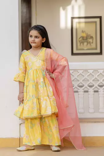 Cutiediva Girls printed angrakha kurta & sharara with dupatta in yellow ( Haldi ceremony , Festival, School Functions )