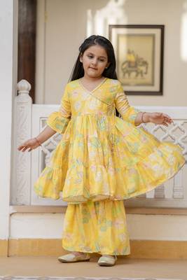 Cutiediva Girls printed angrakha kurta & sharara with dupatta in yellow ( Haldi ceremony , Festival, School Functions ) 5
