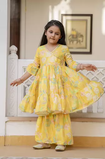 Cutiediva Girls printed angrakha kurta & sharara with dupatta in yellow ( Haldi ceremony , Festival, School Functions )