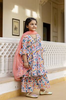 Cutiediva Girls festive and Parties printed aliya-cut kurta & sharara with dupatta in multicolour 1