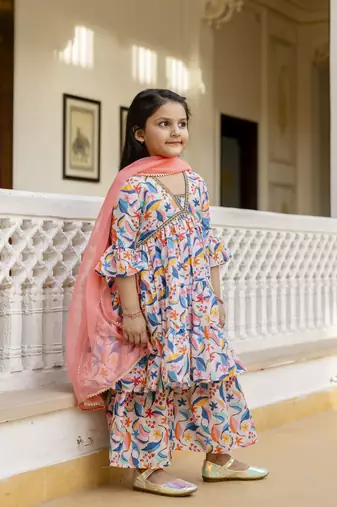 Cutiediva Girls festive and Parties printed aliya-cut kurta & sharara with dupatta in multicolour