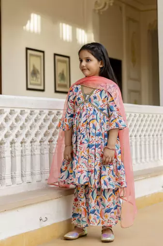 Cutiediva Girls festive and Parties printed aliya-cut kurta & sharara with dupatta in multicolour