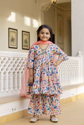 Cutiediva Girls festive and Parties printed aliya-cut kurta & sharara with dupatta in multicolour 4