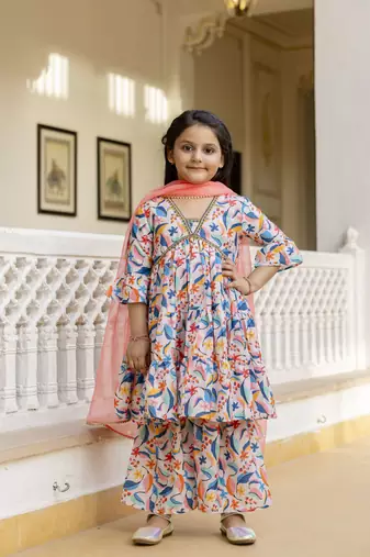 Cutiediva Girls festive and Parties printed aliya-cut kurta & sharara with dupatta in multicolour