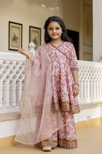Cutiediva Girls festive printed aliya-cut kurta & sharara with dupatta in multicolour