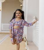 Cutiediva Girls printed sleeveless crop top and shorts with shrug co-ords in purple