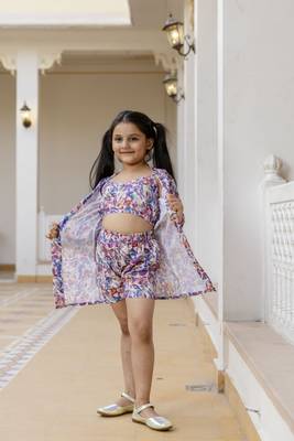 Cutiediva Girls printed sleeveless crop top and shorts with shrug co-ords in purple 3