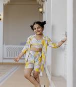 Cutiediva Girls printed sleeveless crop top and shorts with shrug co-ords in yellow ( Wedding, Daily Wear, Parties )