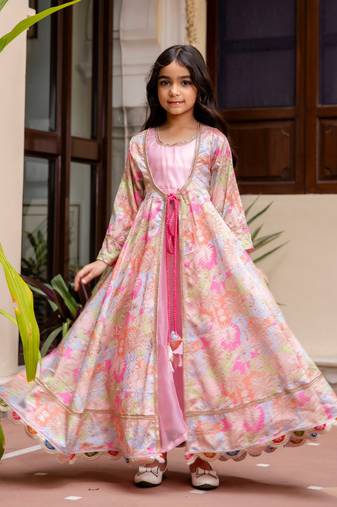 Cutiediva Pink anarkali kurta with sequence work shrug
