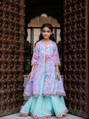Girls Organza open front kurta with skirt & dupatta  1