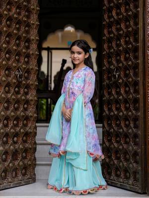 Girls Organza open front kurta with skirt & dupatta  2