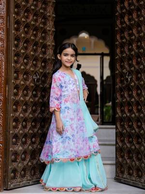 Girls Organza open front kurta with skirt & dupatta  3