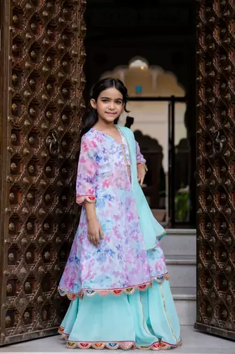 Girls Organza open front kurta with skirt & dupatta 
