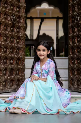 Girls Organza open front kurta with skirt & dupatta 
