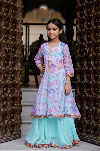 Girls Organza open front kurta with skirt & dupatta 