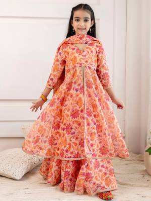  Girls Organza open front kurta with skirt & dupatta  1