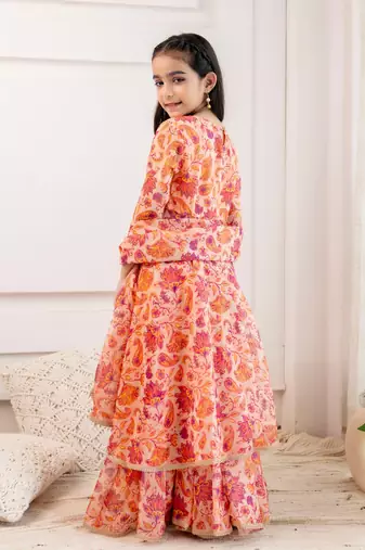  Girls Organza open front kurta with skirt & dupatta 