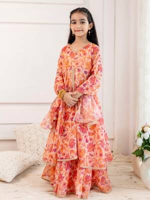  Girls Organza open front kurta with skirt & dupatta  3