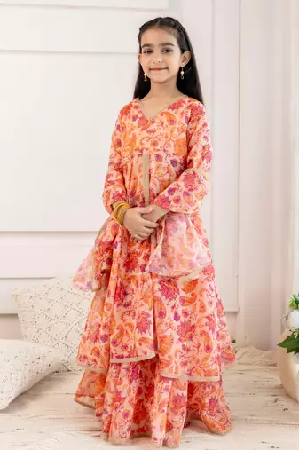  Girls Organza open front kurta with skirt & dupatta 