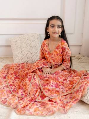 Girls Organza open front kurta with skirt & dupatta  4
