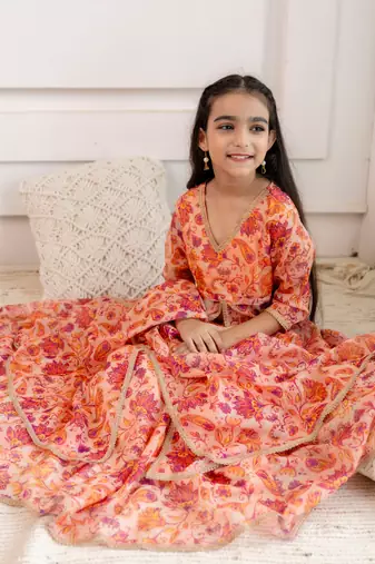  Girls Organza open front kurta with skirt & dupatta 