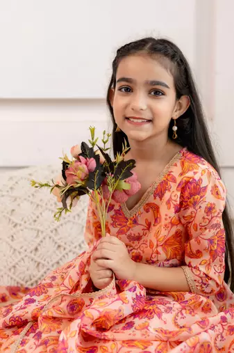  Girls Organza open front kurta with skirt & dupatta 