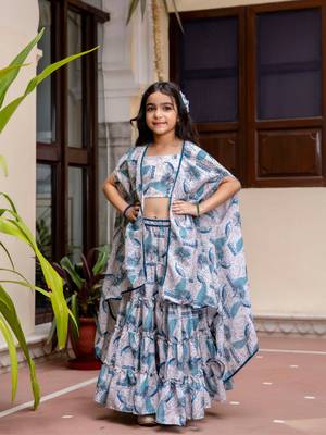 Cutiediva Girl Peacock print top and skirt with shrug ( Wedding, Festival, Parties, School Functions ) 1