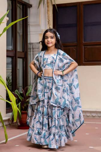 Cutiediva Girl Peacock print top and skirt with shrug ( Wedding, Festival, Parties, School Functions )