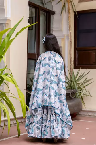 Cutiediva Girl Peacock print top and skirt with shrug ( Wedding, Festival, Parties, School Functions )
