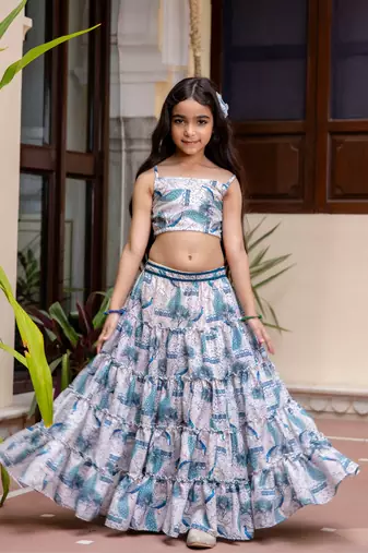 Cutiediva Girl Peacock print top and skirt with shrug ( Wedding, Festival, Parties, School Functions )