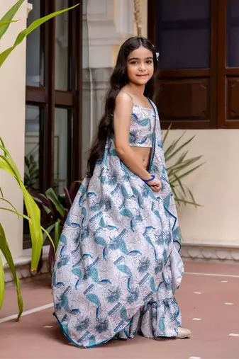 Cutiediva Girl Peacock print top and skirt with shrug ( Wedding, Festival, Parties, School Functions )