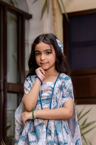 Cutiediva Girl Peacock print top and skirt with shrug ( Wedding, Festival, Parties, School Functions )