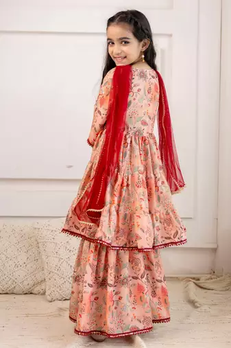 Cutiediva Girls festive printed angrakha kurta & sharara with dupatta ( Pack of 3, Wedding Dress, Girls party Dress )