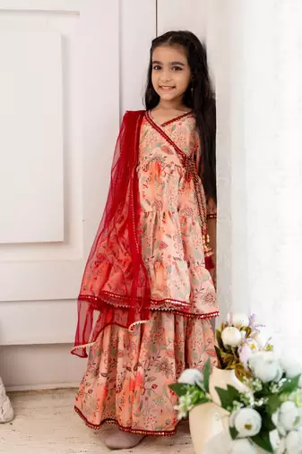 Cutiediva Girls festive printed angrakha kurta & sharara with dupatta ( Pack of 3, Wedding Dress, Girls party Dress )