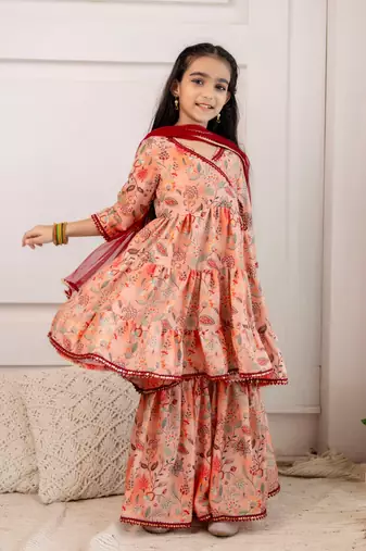 Cutiediva Girls festive printed angrakha kurta & sharara with dupatta ( Pack of 3, Wedding Dress, Girls party Dress )