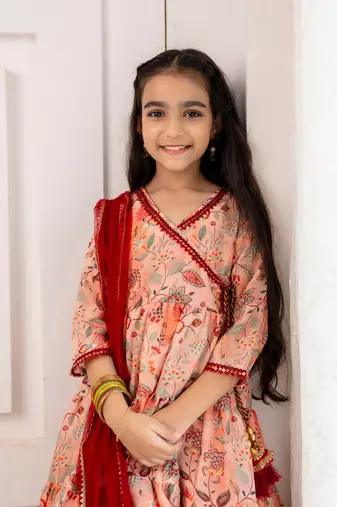 Cutiediva Girls festive printed angrakha kurta & sharara with dupatta ( Pack of 3, Wedding Dress, Girls party Dress )