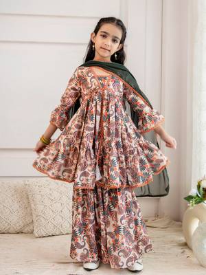 Cutiediva Girls Festive printed aliya-cut kurta & sharara with dupatta 1