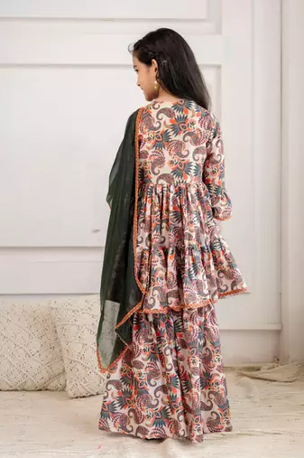 Cutiediva Girls Festive printed aliya-cut kurta & sharara with dupatta