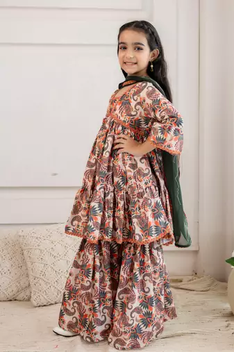 Cutiediva Girls Festive printed aliya-cut kurta & sharara with dupatta