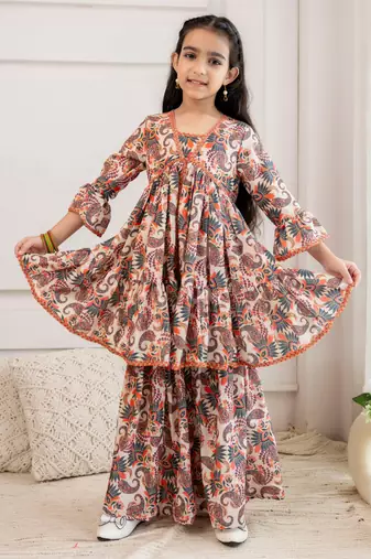 Cutiediva Girls Festive printed aliya-cut kurta & sharara with dupatta