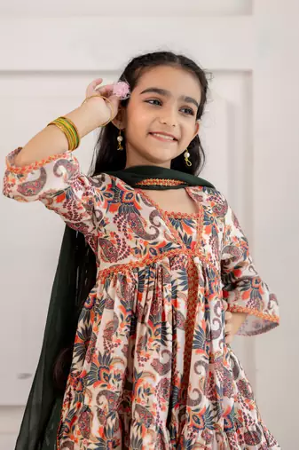 Cutiediva Girls Festive printed aliya-cut kurta & sharara with dupatta