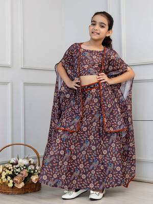 Cutiediva Girls Peacock print muslin top and skirt with shrug in brown ( Pack of 3 Girls Skirt Set ) 1