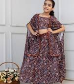 Cutiediva Girls Peacock print muslin top and skirt with shrug in brown ( Pack of 3 Girls Skirt Set )